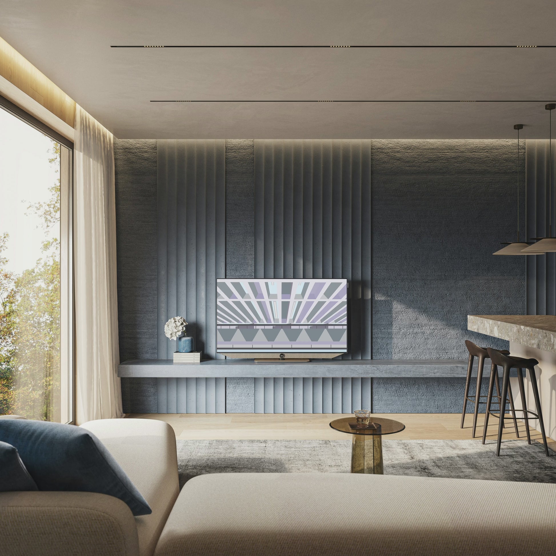 Animated mockup of the Ordre Minimal wallpaper collection on a TV in a modern living room with a dark blue, textured feature wall. On the screen, a slideshow of the "Place-des-Arts: The Brutalist Threshold" illustration cycles through its twelve different colour themes, including the theatrical Curtain Call, the nostalgic St-Viateur Sesame, and the vibrant Outdoor Fest.