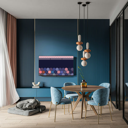 Animated mockup of the Ordre Minimal wallpaper collection on a TV in a modern dining room with dark blue slatted walls. On the screen, a slideshow of the "Lionel-Groulx: The Geometry Underfoot" illustration cycles through its twelve colour themes, including the authentic Calepinage '78, the vibrant Plateau Pop, and the warm Maple Butter.